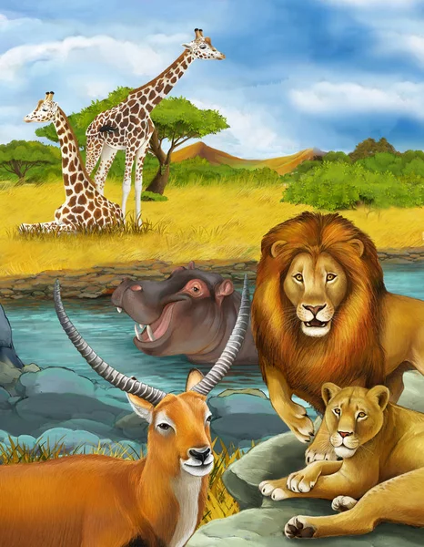 Nehirde antilop suaygırı ve aslan resimli karikatür sahnesi — Stok fotoğraf