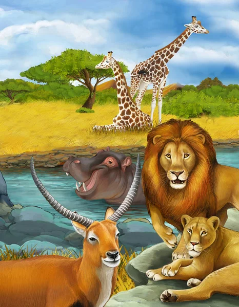 cartoon scene with antelope hippopotamus hippo in river and lion illustration