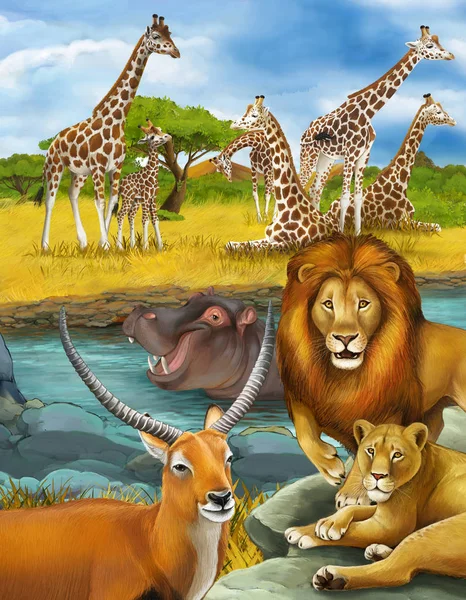 Scena cartone animato con ippopotamo antilope ippopotamo in fiume e illustrazione leone — Foto Stock