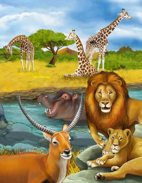 Σκηνή κινουμένων σχεδίων με αντιλόπη ιπποπόταμος ιπποπόταμος σε ποτάμι και λιοντάρι εικονογράφηση — Φωτογραφία Αρχείου