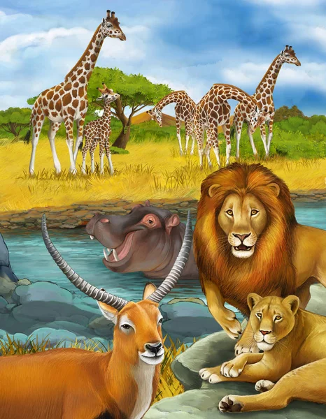 Мультяшна сцена з антилопом гіпопотама в річці та ілюстрації лева — стокове фото