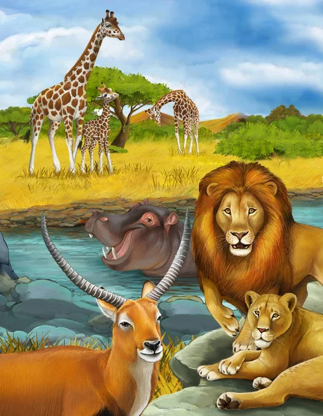Escena de dibujos animados con antílope hipopótamo hipopótamo en el río y león ilustración — Foto de Stock