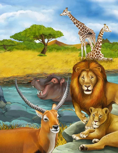 Kreslená scéna s antilopím hrochem v řece a lví ilustrace — Stock fotografie