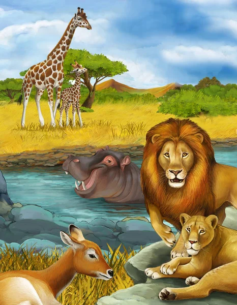 Kreskówka scena z antylopy i hipopotama hipopotama w pobliżu rzeki — Zdjęcie stockowe