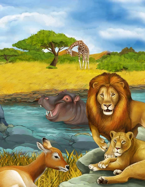 cartoon scene with antelope and hippopotamus hippo near river an