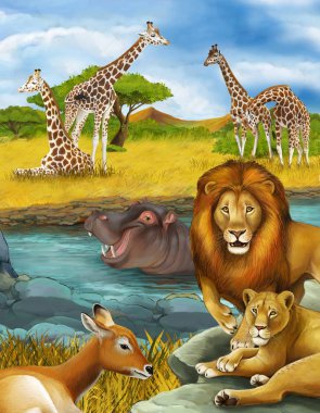 Nehir kenarında antilop ve su aygırı olan bir çizgi film sahnesi.