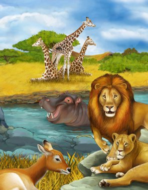 Nehir kenarında antilop ve su aygırı olan bir çizgi film sahnesi.