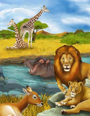 Nehir kenarında antilop ve su aygırı olan bir çizgi film sahnesi.