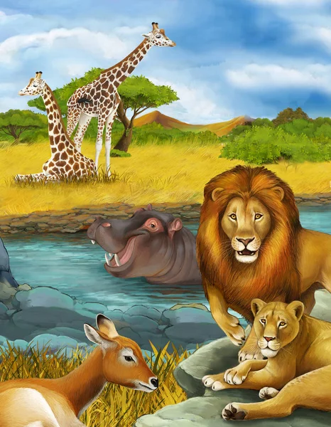 Escena de dibujos animados con el antílope y el hipopótamo hipopótamo cerca del río un — Foto de Stock