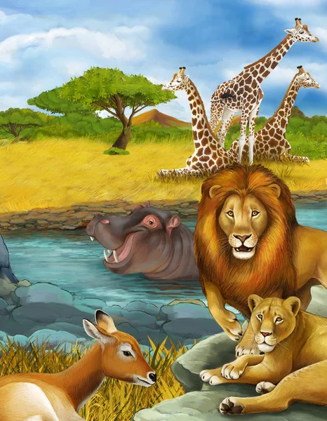Kreslená scéna s antilopa a hroch hroch poblíž řeky a — Stock fotografie