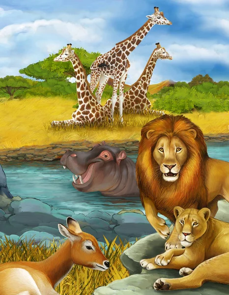 cartoon scene with antelope and hippopotamus hippo near river an