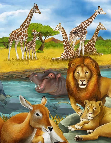 Tecknad scen med antilop och flodhäst nära floden en — Stockfoto