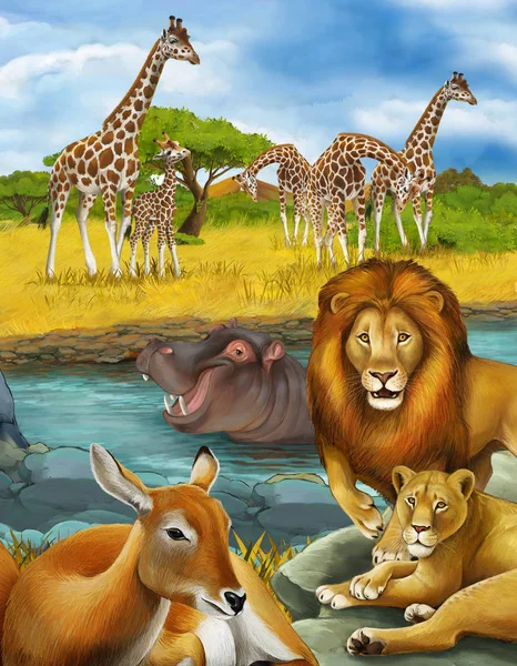 Cena dos desenhos animados com antílope e hipopótamo hipopótamo perto do rio e — Fotografia de Stock