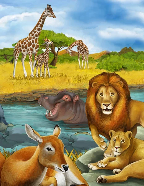 Scena del fumetto con antilope e ippopotamo ippopotamo vicino al fiume an — Foto Stock