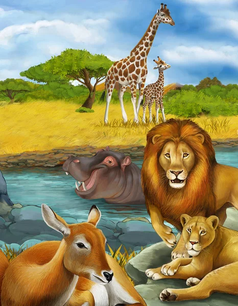 Cartoon scene met antilope en nijlpaard nijlpaard in de buurt van rivier een — Stockfoto