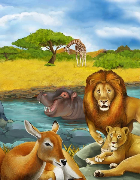 Мультяшная сцена с антилопой и гиппопотамом бегемота возле реки — стоковое фото