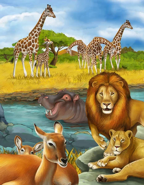 Scène de dessin animé avec antilope et hippopotame hippopotame près de la rivière un — Photo