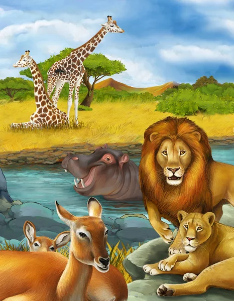 Escena de dibujos animados con el antílope y el hipopótamo hipopótamo cerca del río un —  Fotos de Stock