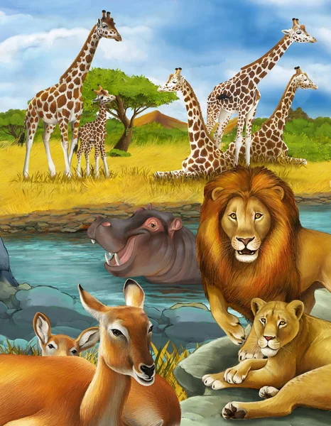 Nehir ve aslan resimlerinin yanında antilop ve su aygırı olan karikatür sahnesi — Stok fotoğraf