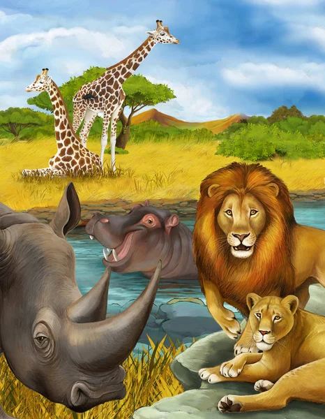Cartoon scene with rhinoceros rhino and hippopotamus hippo near — Stock Photo, Image