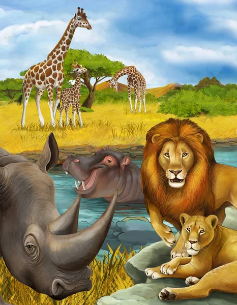 Cartoon scene with rhinoceros rhino and hippopotamus hippo near — Stock Photo, Image