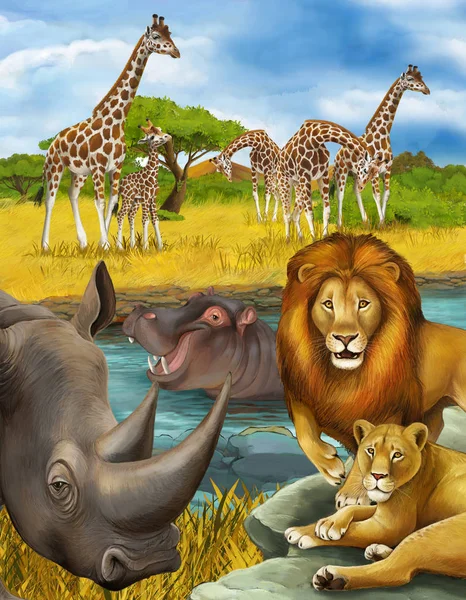 Cartoon scene with rhinoceros rhino and hippopotamus hippo near — 스톡 사진