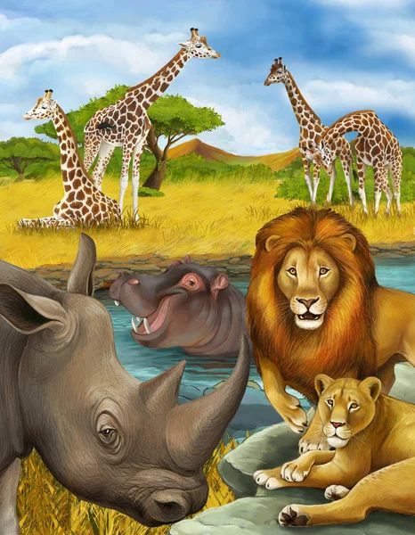 Cena de desenho animado com rinoceronte rinoceronte e hipopótamo hipopótamo perto — Fotografia de Stock