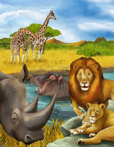 Tecknad scen med noshörning och flodhäst flodhäst nära — Stockfoto