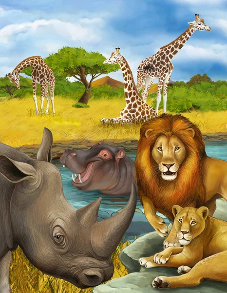 Tecknad scen med noshörning och flodhäst flodhäst nära — Stockfoto
