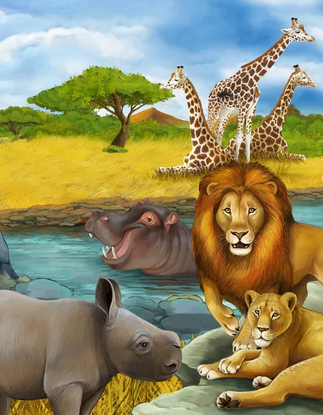 Scène de dessin animé avec rhinocéros rhinocéros et hippopotame hippopotame près — Photo