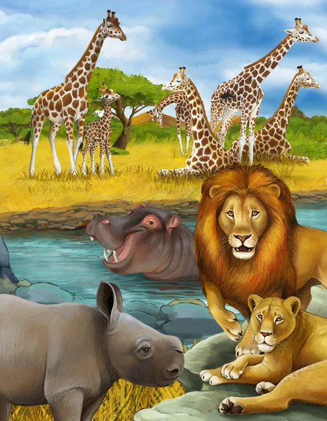 Мультяшна сцена з носорогом носорогом та гіпопотамасом біля — стокове фото