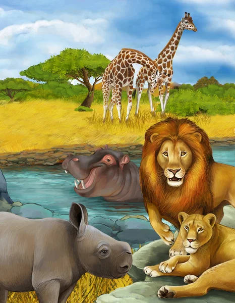 Kreslená scéna s nosorožcem nosorožcem a hrochem hrochem poblíž — Stock fotografie