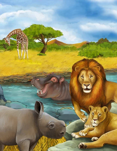 Kreslená scéna s nosorožcem nosorožcem a hrochem hrochem poblíž — Stock fotografie
