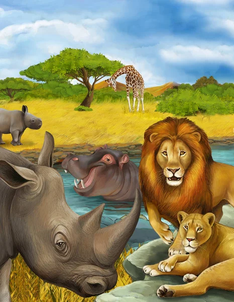 Tecknad scen med noshörning noshörning och flodhäst flodhäst och lejon nära floden — Stockfoto