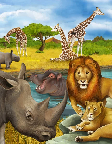 Tecknad scen med noshörning noshörning och flodhäst flodhäst och lejon nära floden — Stockfoto