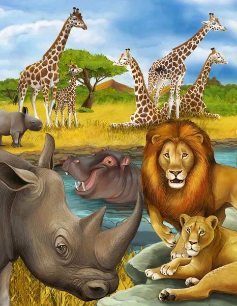 Escena de dibujos animados con rinoceronte rinoceronte e hipopótamo hipopótamo y león cerca del río — Foto de Stock