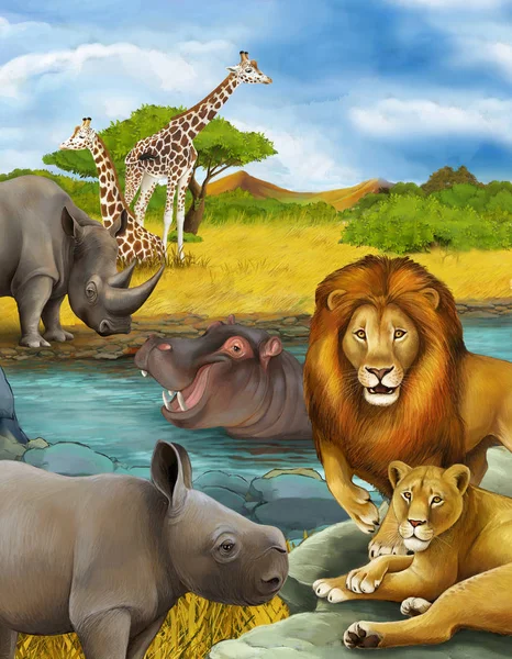Cartoon scene with rhinoceros rhino and hippopotamus hippo and lion near river — 스톡 사진