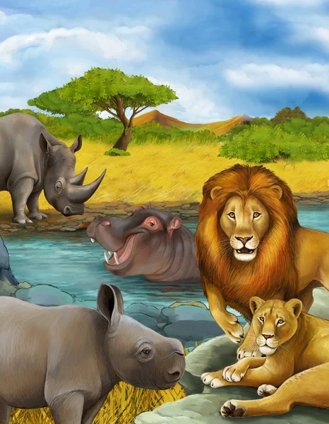 Kreslená scéna s nosorožcem nosorožcem a hrochem hrochem a lvem u řeky — Stock fotografie