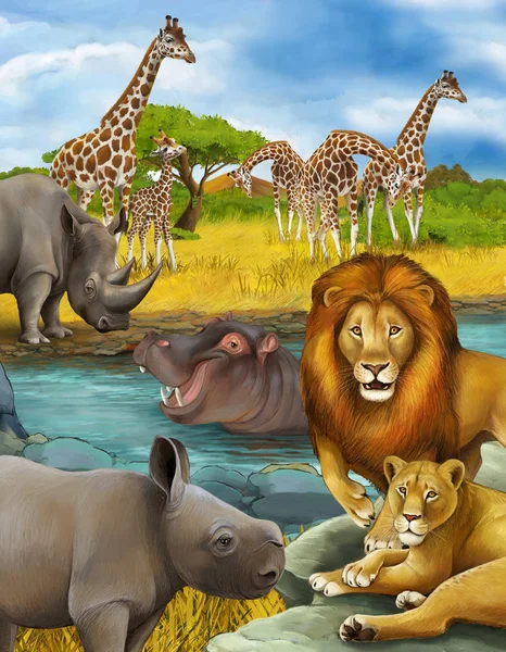 Σκηνή κινουμένων σχεδίων με ρινόκερο ρινόκερο και ιπποπόταμο ιπποπόταμο και λιοντάρι κοντά στο ποτάμι — Φωτογραφία Αρχείου