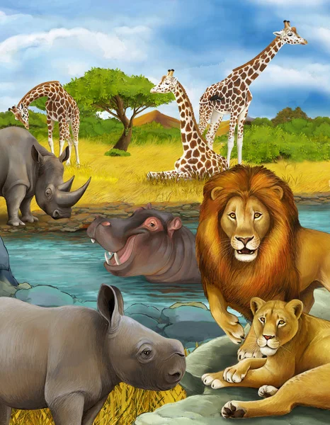 Мультяшна сцена з носорогом носорогом і гіпопотамасом хіппо і левом біля річки — стокове фото