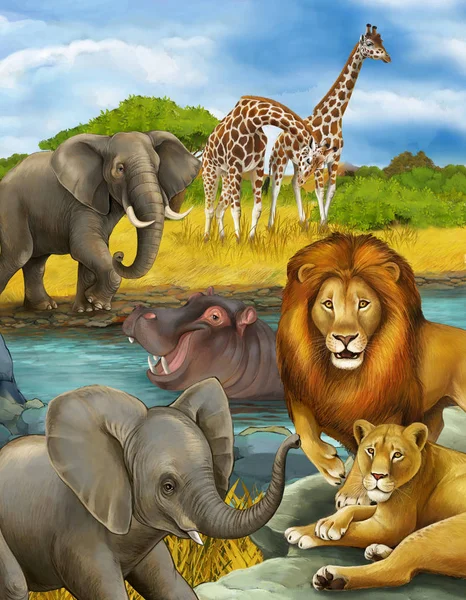 Cartoon scene with elephant and hippopotamus hippo near river an — Stockfoto