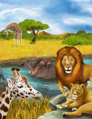 Nehir kenarında zürafa ve hipopotam olan bir karikatür sahnesi.