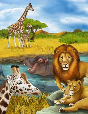 Nehir kenarında zürafa ve hipopotam olan bir karikatür sahnesi.