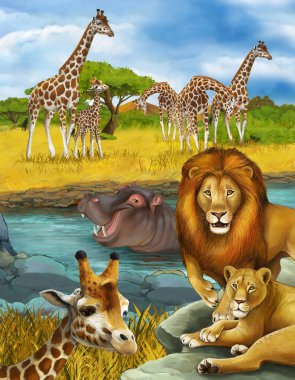 Nehir kenarında zürafa ve hipopotam olan bir karikatür sahnesi.