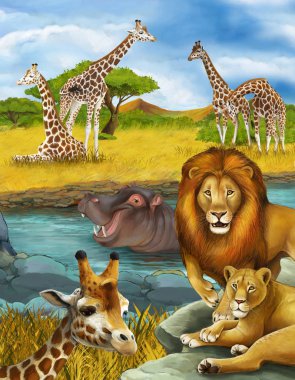 Nehir kenarında zürafa ve hipopotam olan bir karikatür sahnesi.