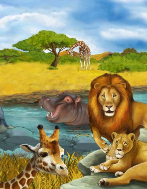 Nehir kenarında zürafa ve hipopotam olan bir karikatür sahnesi.