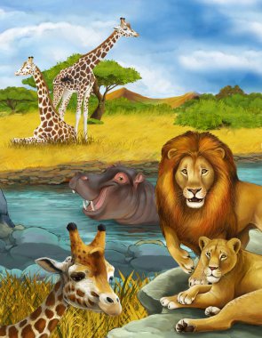 Nehir kenarında zürafa ve hipopotam olan bir karikatür sahnesi.