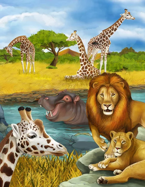 Scène de dessin animé avec girafe et hippopotame hippopotame près de rivière et — Photo
