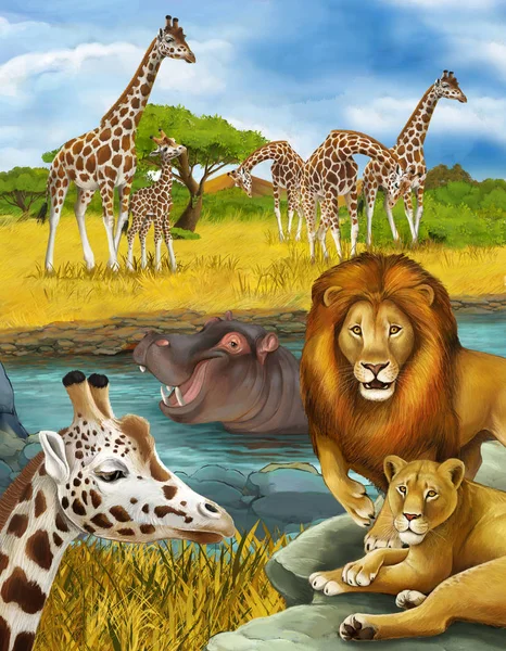 Cartoon scene with giraffe and hippopotamus hippo near river and — Stockfoto