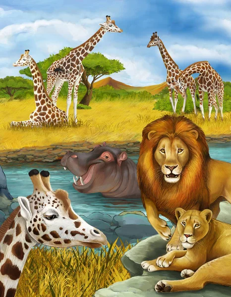 Cartoon scene with giraffe and hippopotamus hippo near river and — Stockfoto